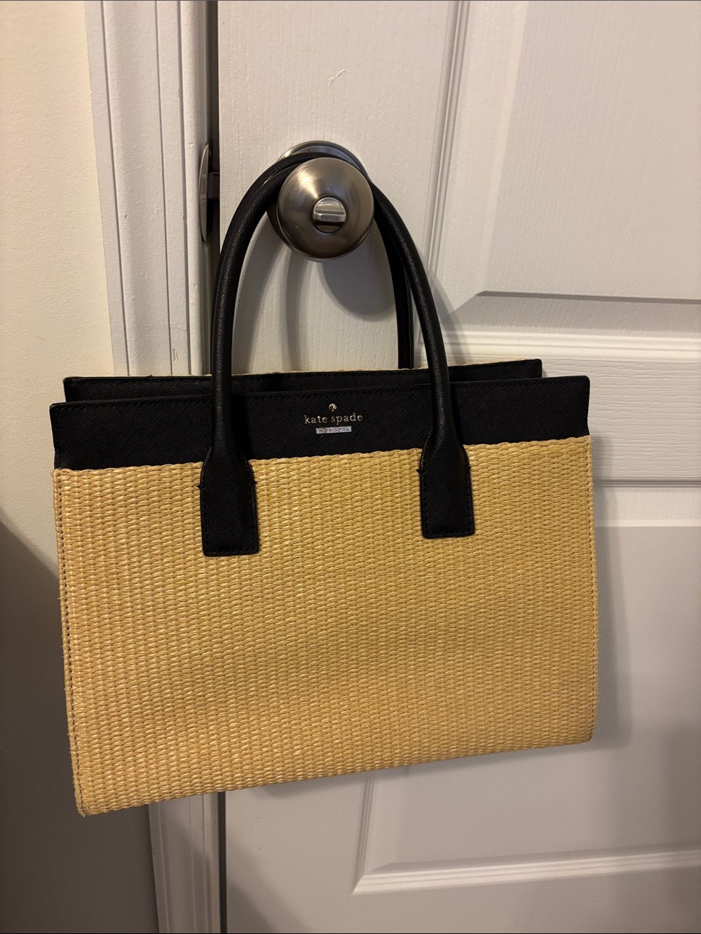 kate spade Black and Natural Straw Structured Tote